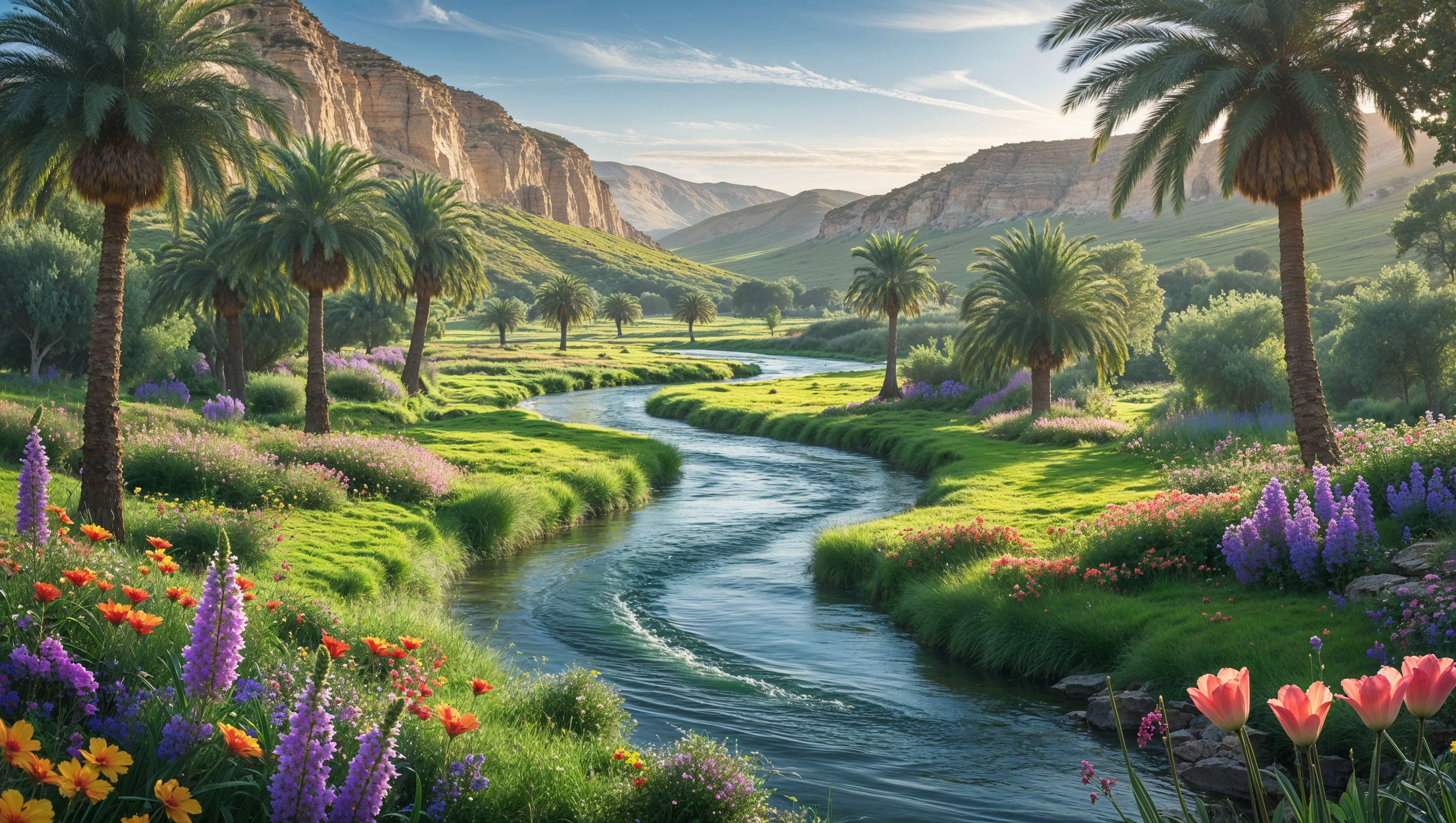 A serene valley with a winding river, tall palm trees, wildflowers in purple, pink, orange, and yellow, majestic rocky cliffs, and rolling green hills under a bright blue sky, symbolizing the divine abundance of the land God promised to Abram.