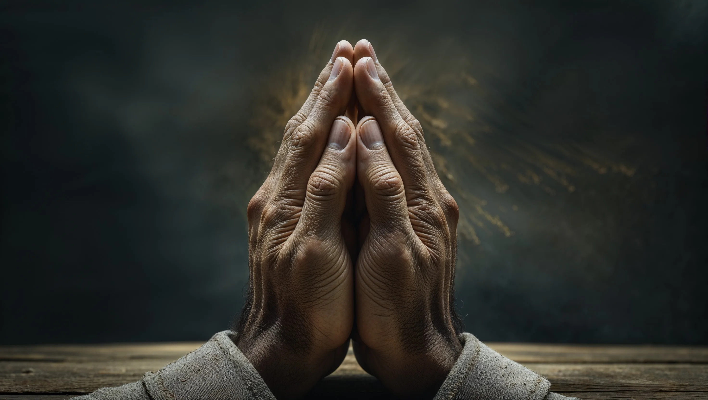 An elderly person's weathered hands clasped in prayer, illuminated by a soft, ethereal glow symbolizing divine presence and peace, set against a dark, rustic background, reflecting a heartfelt plea for the peace and prosperity of Jerusalem.