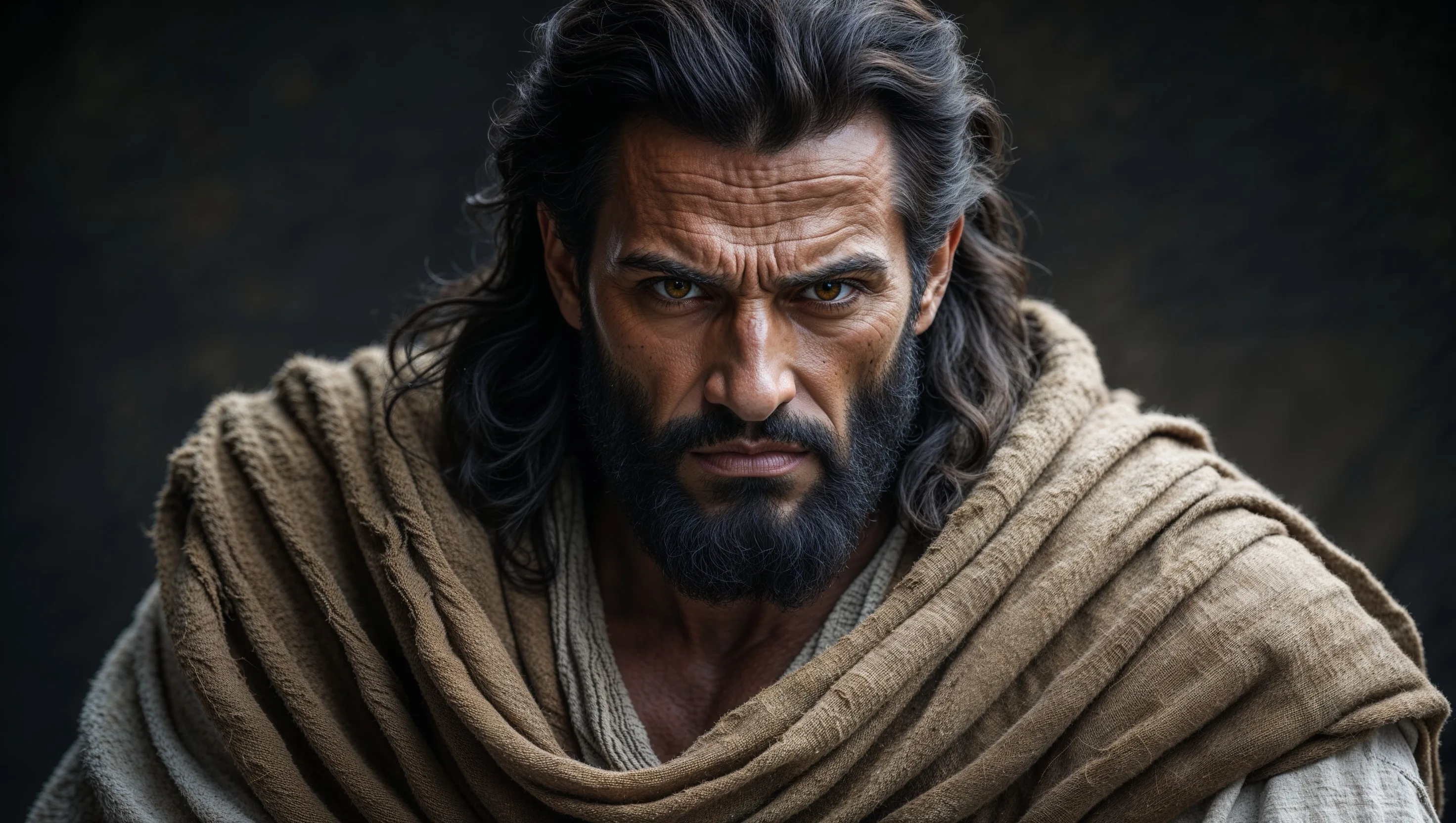 A rugged man with a fierce countenance, long dark hair, and a thick beard, wearing a weathered brown robe over a simple garment, set against a dark background, embodying the spirit of might and zeal for the LORD of hosts.
