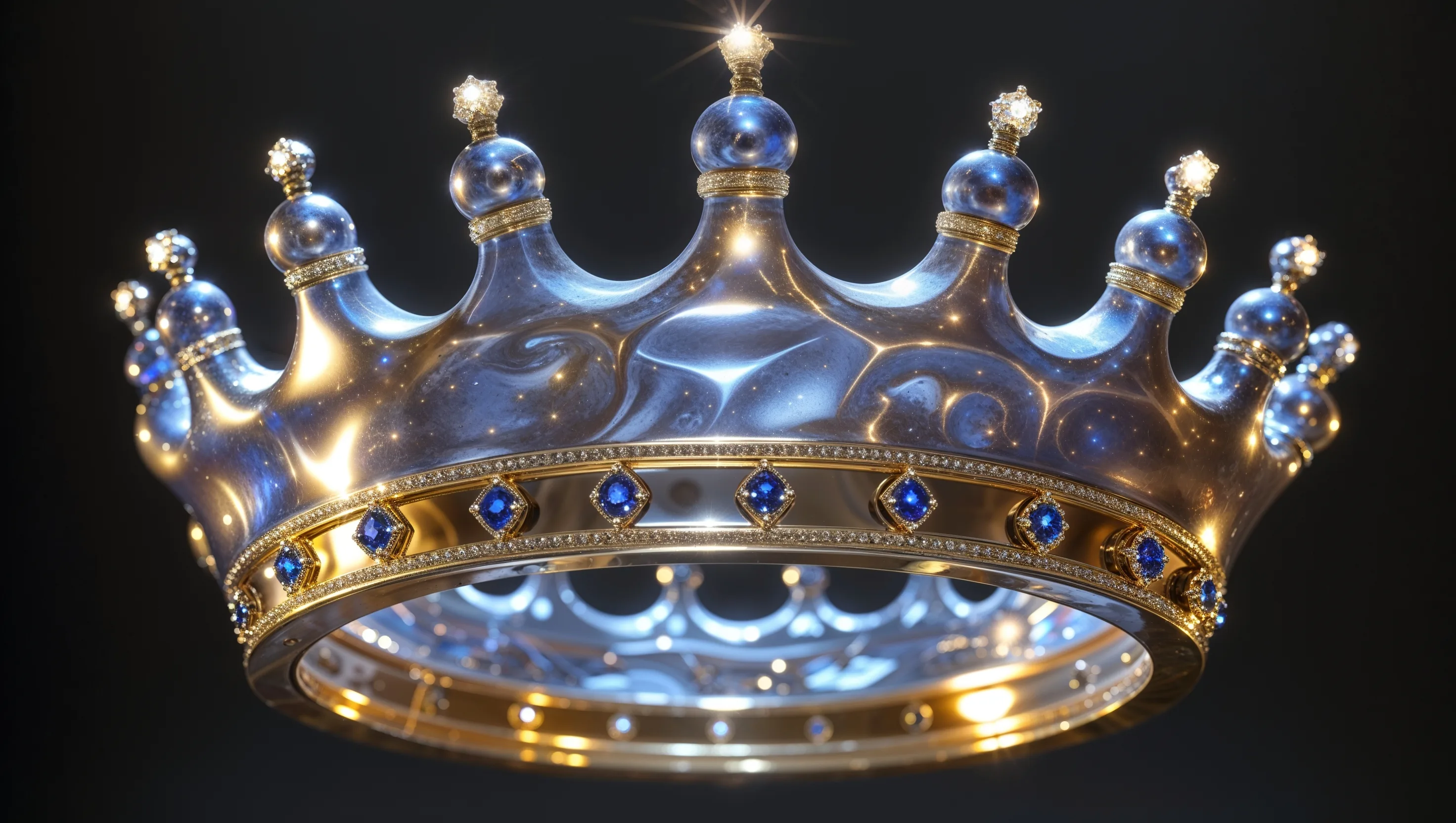 An iridescent silver and gold crown set with sapphires and diamonds, originally designed to represent the crown of King Solomon's espousals, prophetically referencing the crown of the Messiah, Jesus Christ.