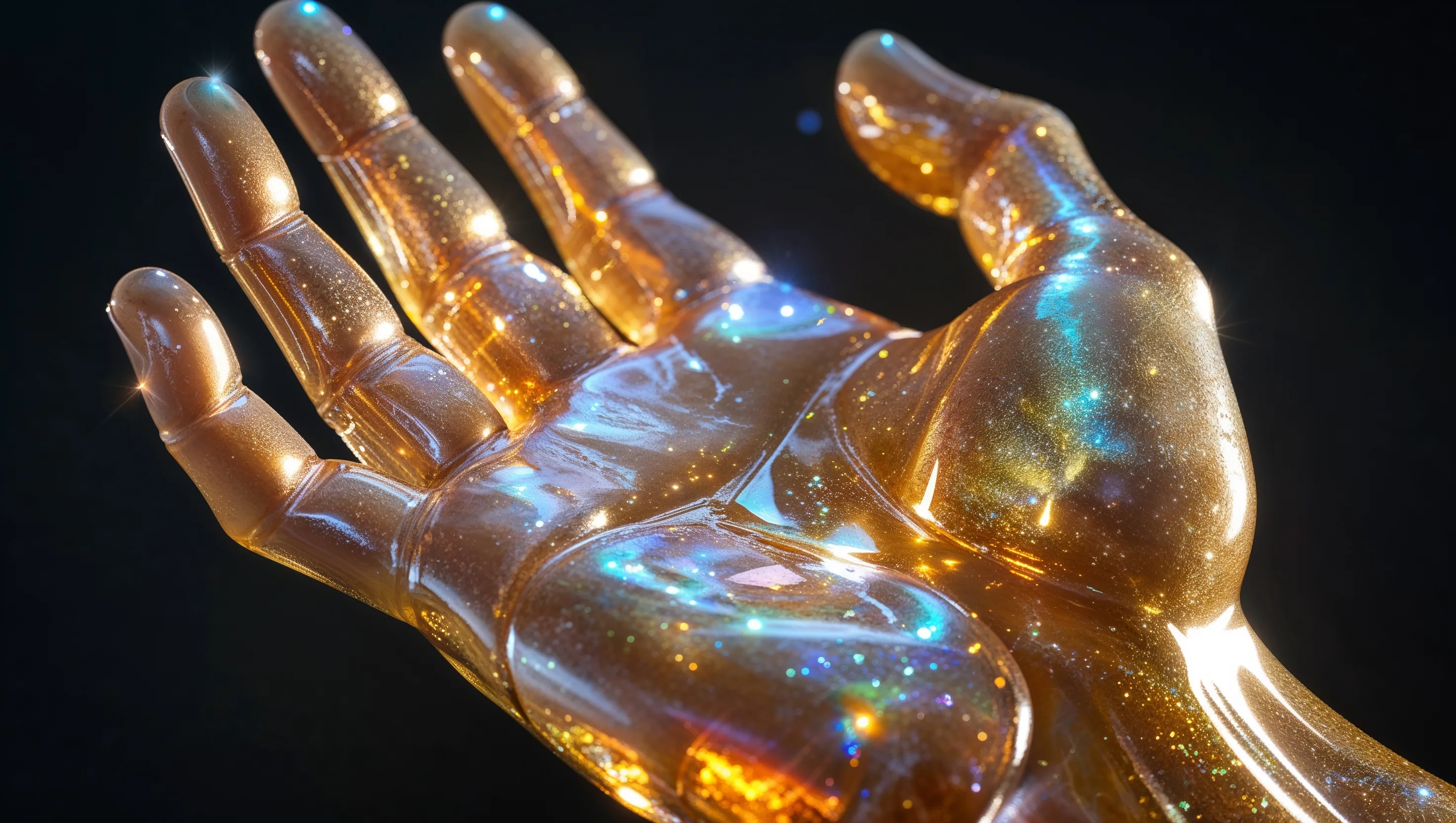 A translucent, shimmering gold beryl hand with bronze undertones, made for Song of Solomon 5:14 but rendered as a non-animated right hand, prophetically referencing physical qualities of the Messiah, Jesus Christ.