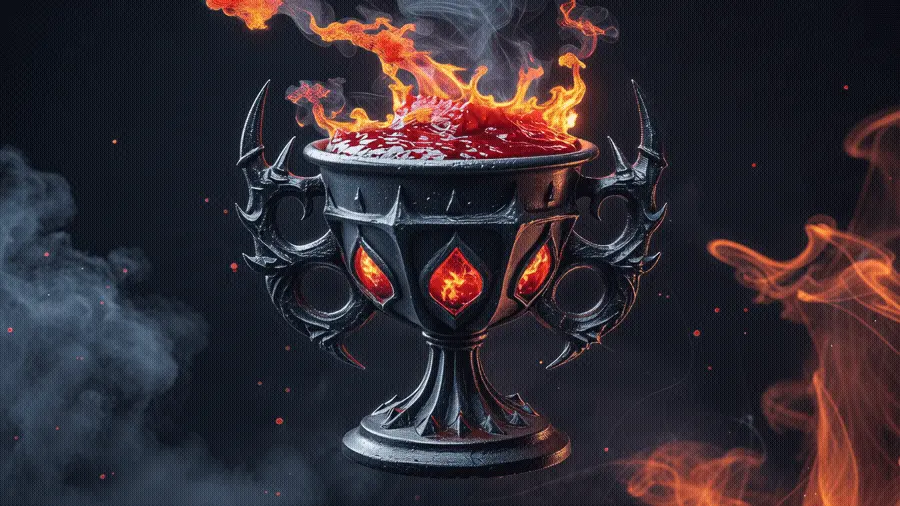 A dark, gothic chalice with claw-like handles and glowing red cutouts, filled with molten red liquid, surrounded by leaping orange flames and swirling gray smoke, representing Jerusalem as the cup of trembling bringing divine judgment to its enemies.