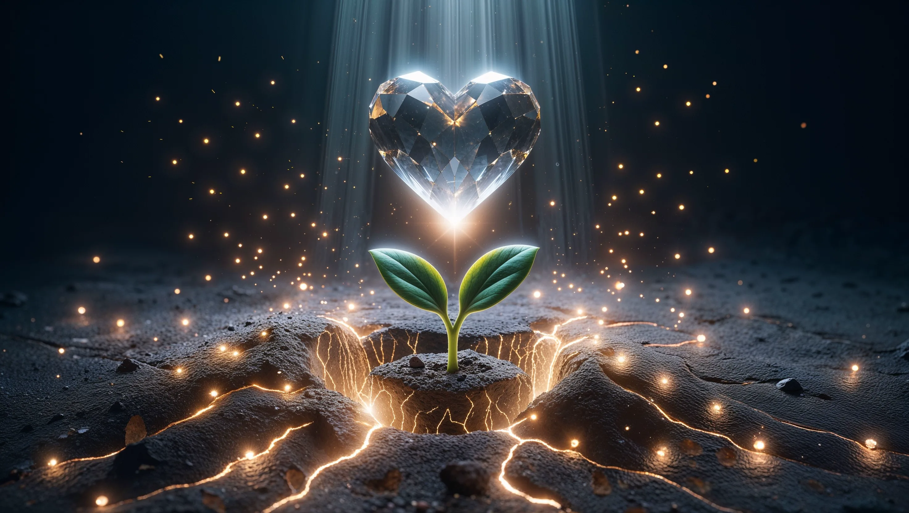 A small green seedling, the righteous Branch, sprouts from dark earth as golden light erupts from cracks in the ground. Above the plant, a faceted crystal heart representing 'the LORD our righteousness' glows brightly, illuminated by a beam of divine light from above.