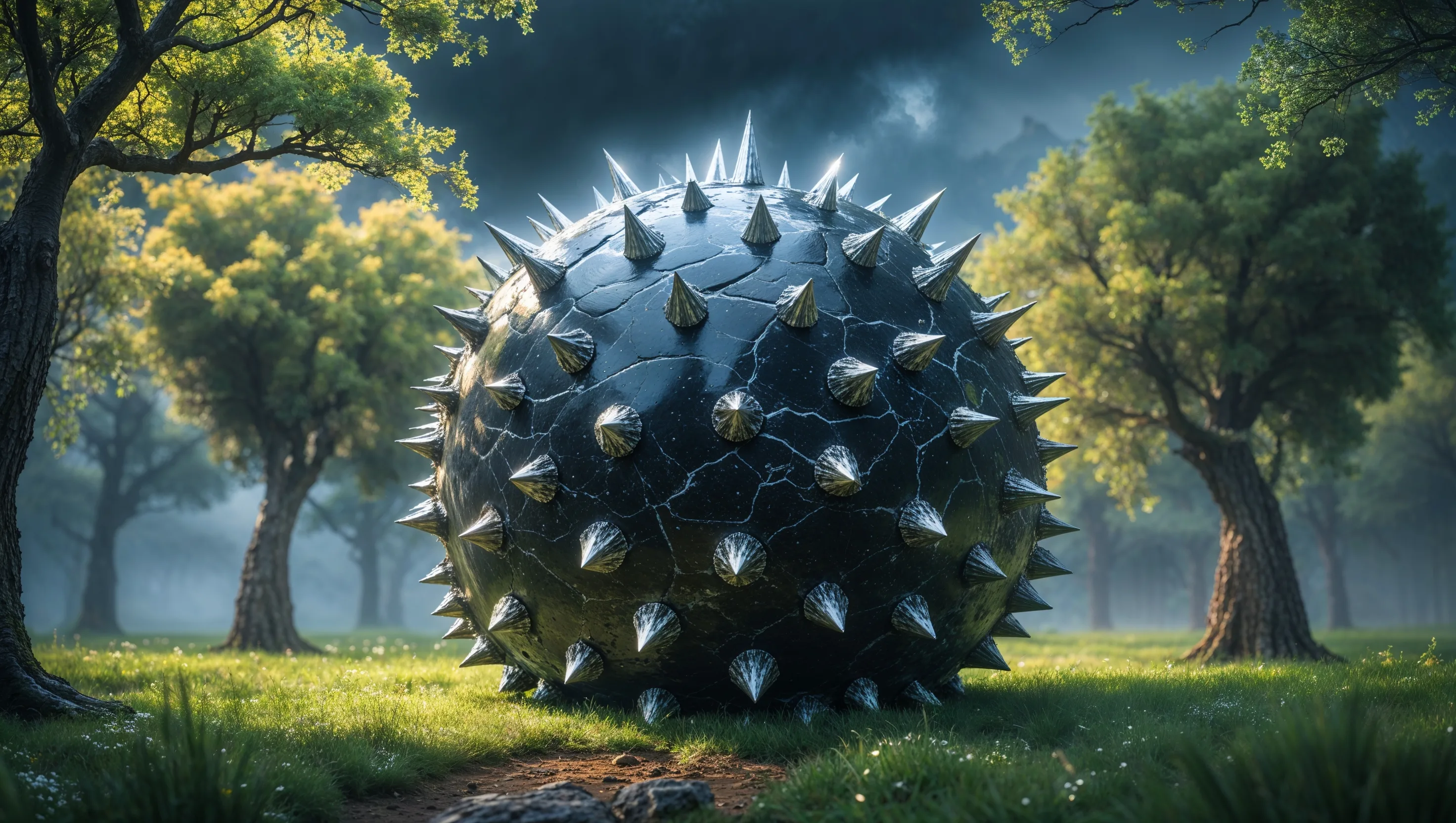 A large, menacing black spiked sphere with a cracked surface and sharp, metallic protrusions, resting on a grassy forest floor under a stormy sky, symbolizing Jerusalem as the burdensome stone that brings judgment to all who oppose it.