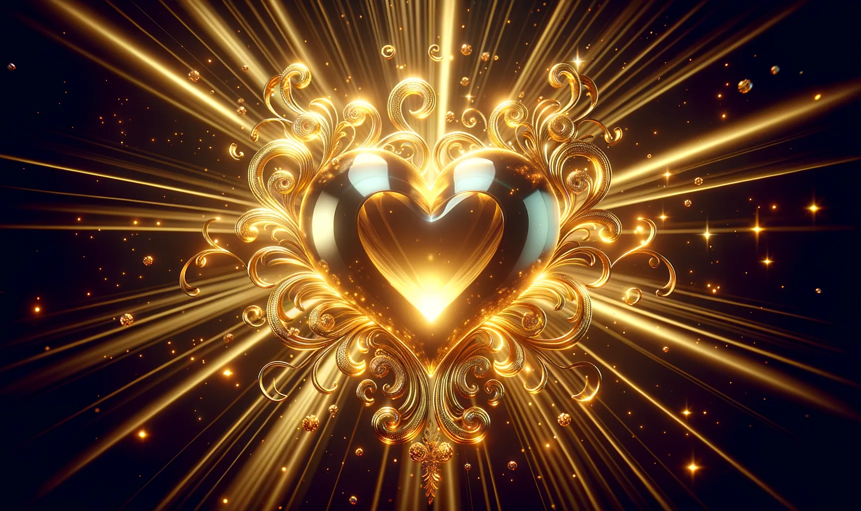 A radiant golden heart with intricate ornamental swirls, glowing with bright beams of light and surrounded by sparkling stars and golden orbs against a dark background, symbolizing the pure heart of righteousness.