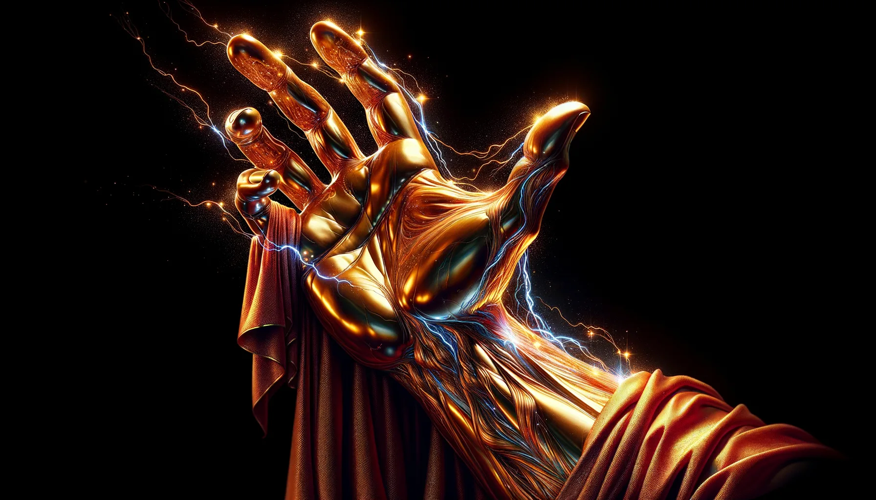 A stylized, metallic golden-brass hand reaching outwards, surrounded by dynamic arcs of electricity. The hand appears powerful, with an impression of movement as if harnessing the energy around it. Flowing, draped red linen fabric adds a sense of dramatic intensity. It is the extended right hand of Jesus Christ, in his Glorified body.
