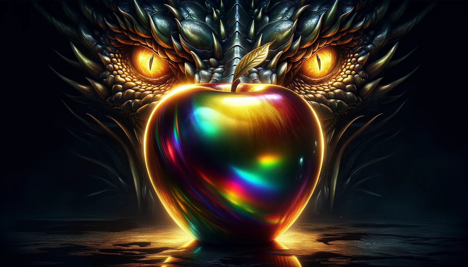 A colorful, iridescent apple with a golden leaf in the foreground, with a menacing, highly detailed dragon partially in shadow behind it. This represents Satan, the Serpent, the Dragon, tempting Eve, tempting Mankind.