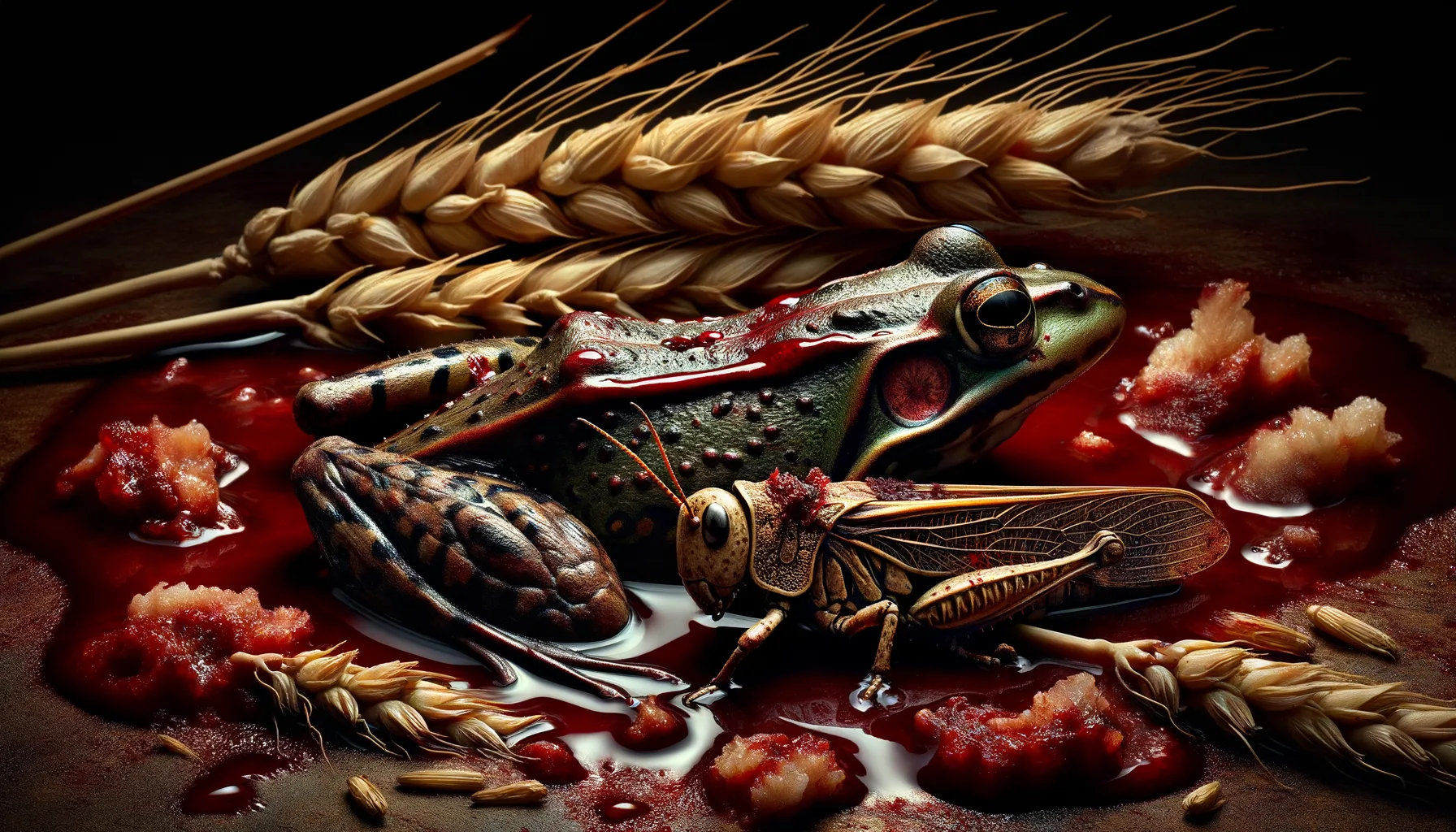 A close-up, artistically stylized depiction of the biblical plagues, featuring a single Egyptian frog and locust, along with burnt wheat, arranged on a surface suggesting immersion in the blood of the Nile.