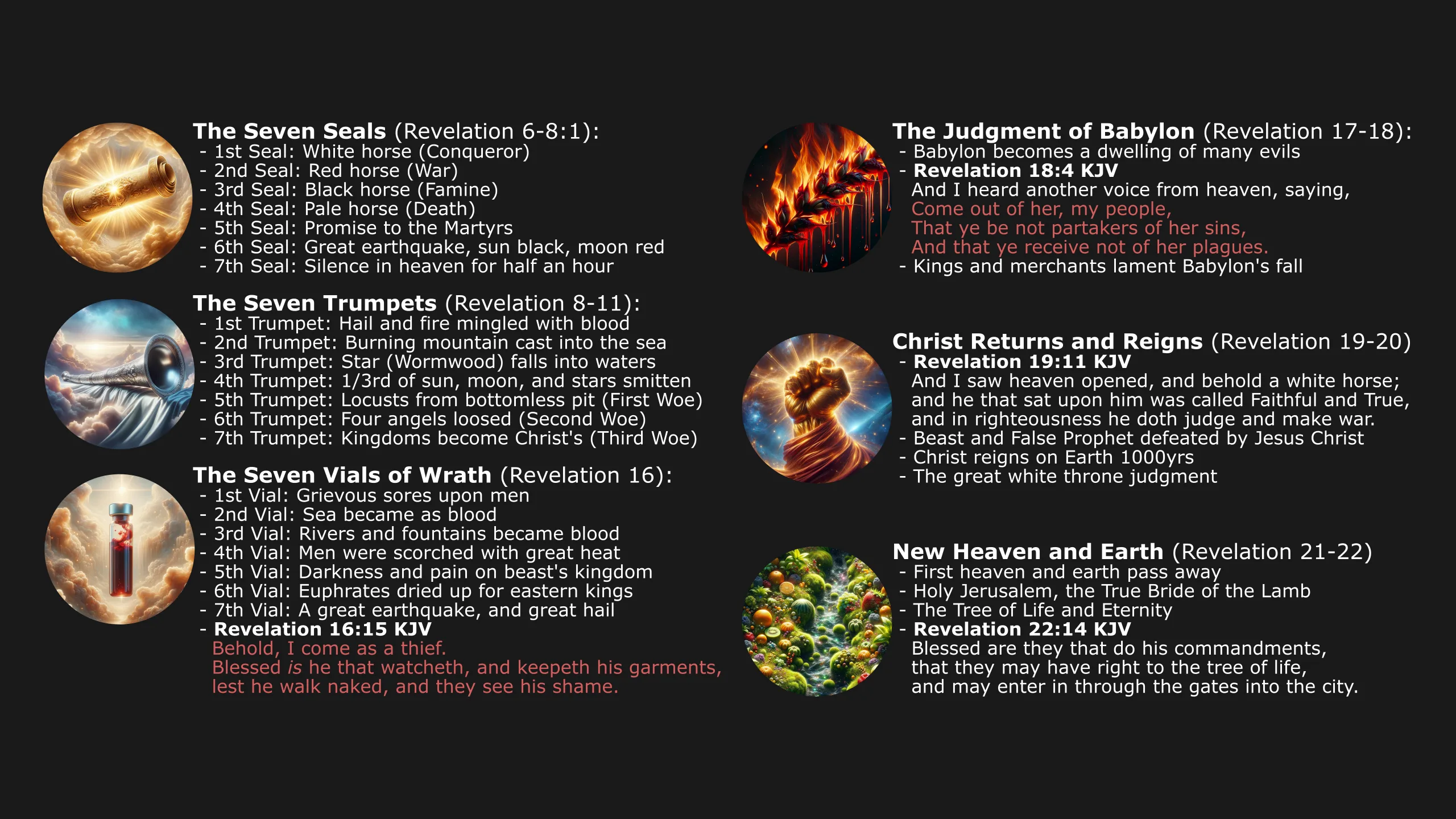 A summary chart of events from the Book of Revelation in the KJV Bible, listing the Seven Seals (Revelation 6-8:1), Seven Trumpets (Revelation 8-11), Seven Vials of Wrath (Revelation 16), the Judgment of Babylon (Revelation 17-18), Christ's Return and Reign (Revelation 19-20), and the New Heaven and Earth (Revelation 21-22), each with a brief description.