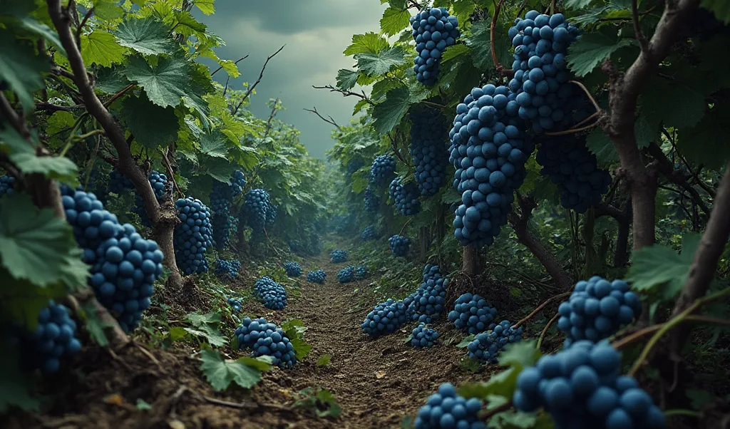 A vineyard with rows of grapevines heavily laden with large clusters of deep blue or purple grapes, stretching into the distance under an overcast, moody sky, evoking abundance ready for harvest.