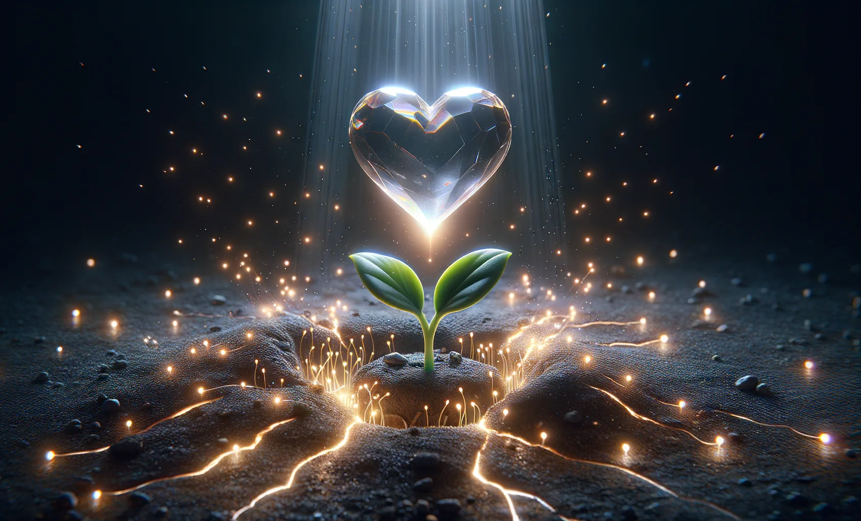 A vibrant green sprout emerging from the soil, illuminated by radiant beams of light, with a crystalline heart hovering above it, glowing with divine light, symbolizing renewal, mercy, and God's promise to raise a righteous Branch for justice and salvation.
