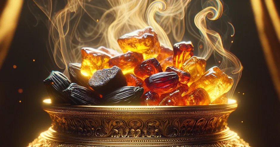 A golden ornate bowl filled with glowing amber-like resin and dark pieces, with fragrant smoke rising, symbolizing the gifts of frankincense and myrrh presented to Jesus by the wise men.
