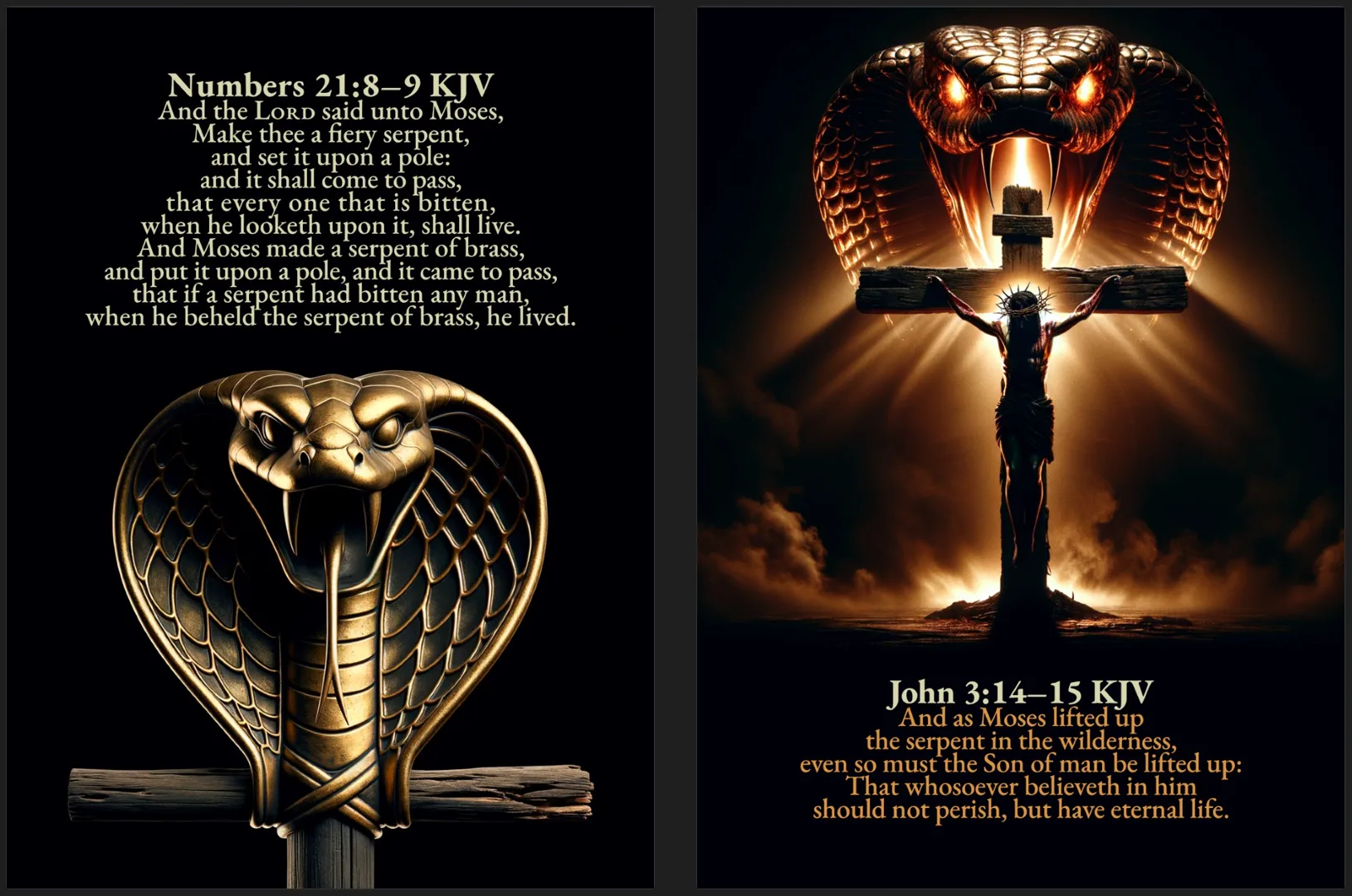 A split image: on the left, a brass cobra mounted on a wooden crossbar representing the serpent lifted by Moses; on the right, a silhouette of Jesus Christ crucified on a wooden cross, overshadowed by a glowing, menacing cobra, symbolizing the fulfillment of John 3:14-15.