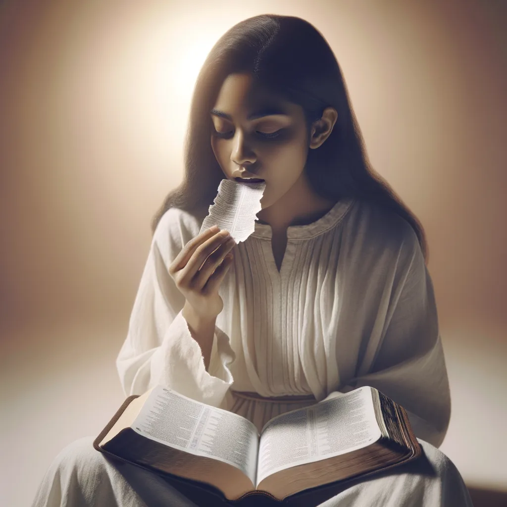 A serene young girl in glowing light, dressed in white, holding an open Bible with a torn-out page, delicately near her open mouth, symbolizing Jesus' teaching about spiritually consuming the Word for eternal life.
