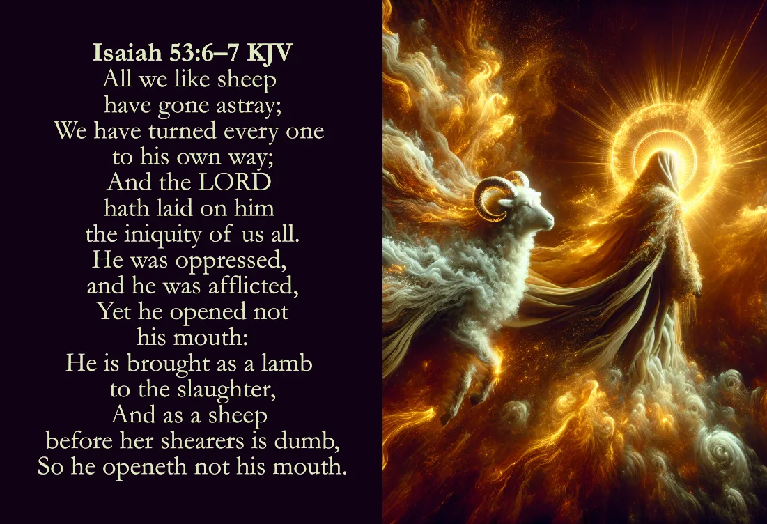 A divine representation of Jesus Christ symbolized as a robed, radiant figure bathed in golden light, accompanied by a lamb with glowing horns, signifying sacrifice and the fulfillment of prophecy.