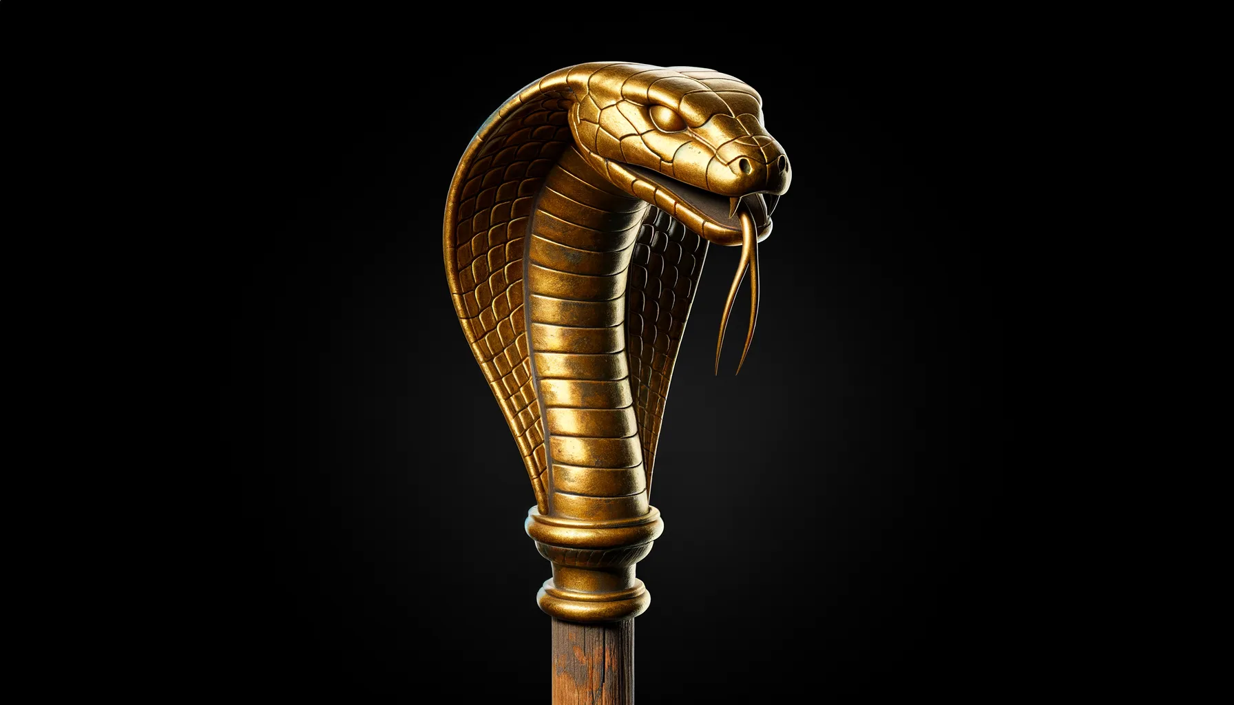 A photorealistic depiction of a brass cobra head mounted atop a wooden pole. The cobra's hood is flared, with a menacing face, piercing eyes, and a closed mouth. The background is pitch black, isolating the brass serpent and pole, symbolizing the fiery serpent crafted by Moses as directed by God.