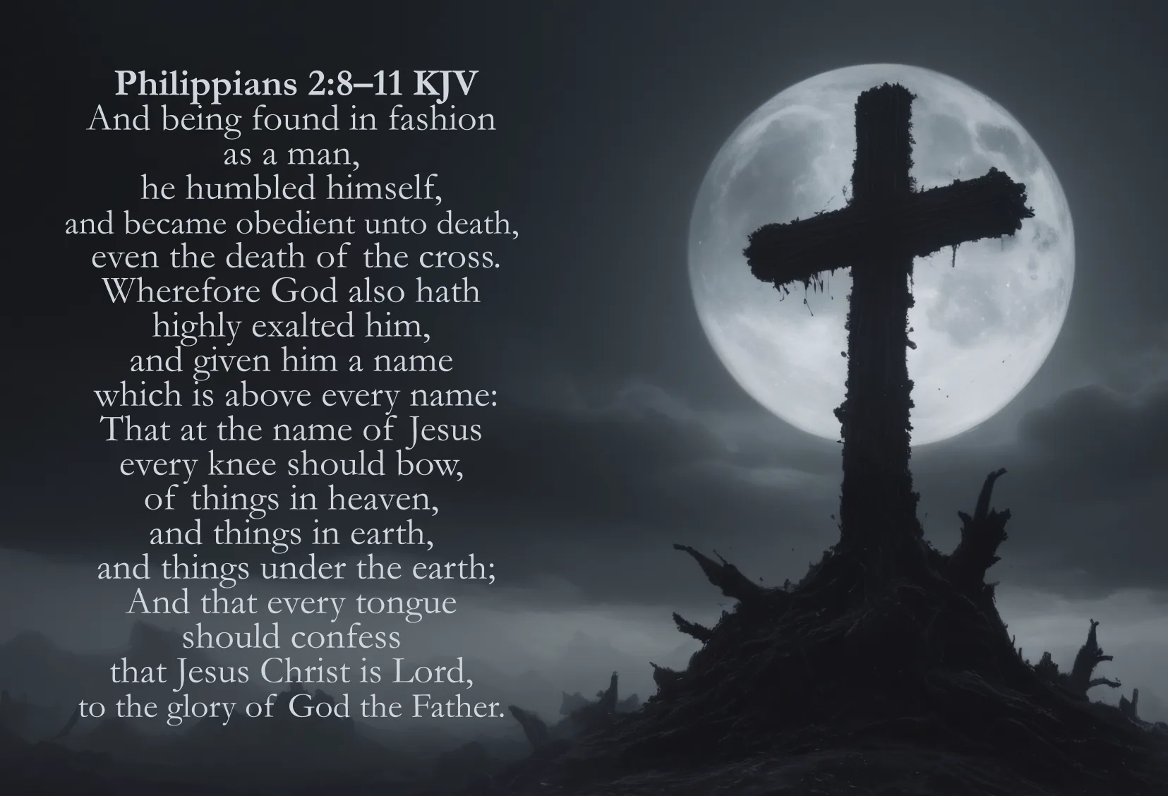 A silhouetted cross rooted on a rugged hill, illuminated by a luminous full moon, symbolizing Christ's humility, sacrifice, and exaltation, proclaiming his name above all and every knee bowing in reverence.