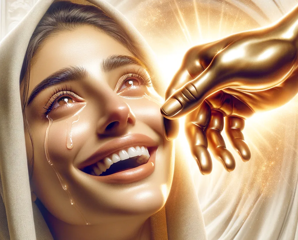 A radiant image depicting a glowing golden hand gently wiping tears from the face of a joyful woman, symbolizing God's promise to swallow up death, remove sorrow, and bring salvation and rejoicing to his people.