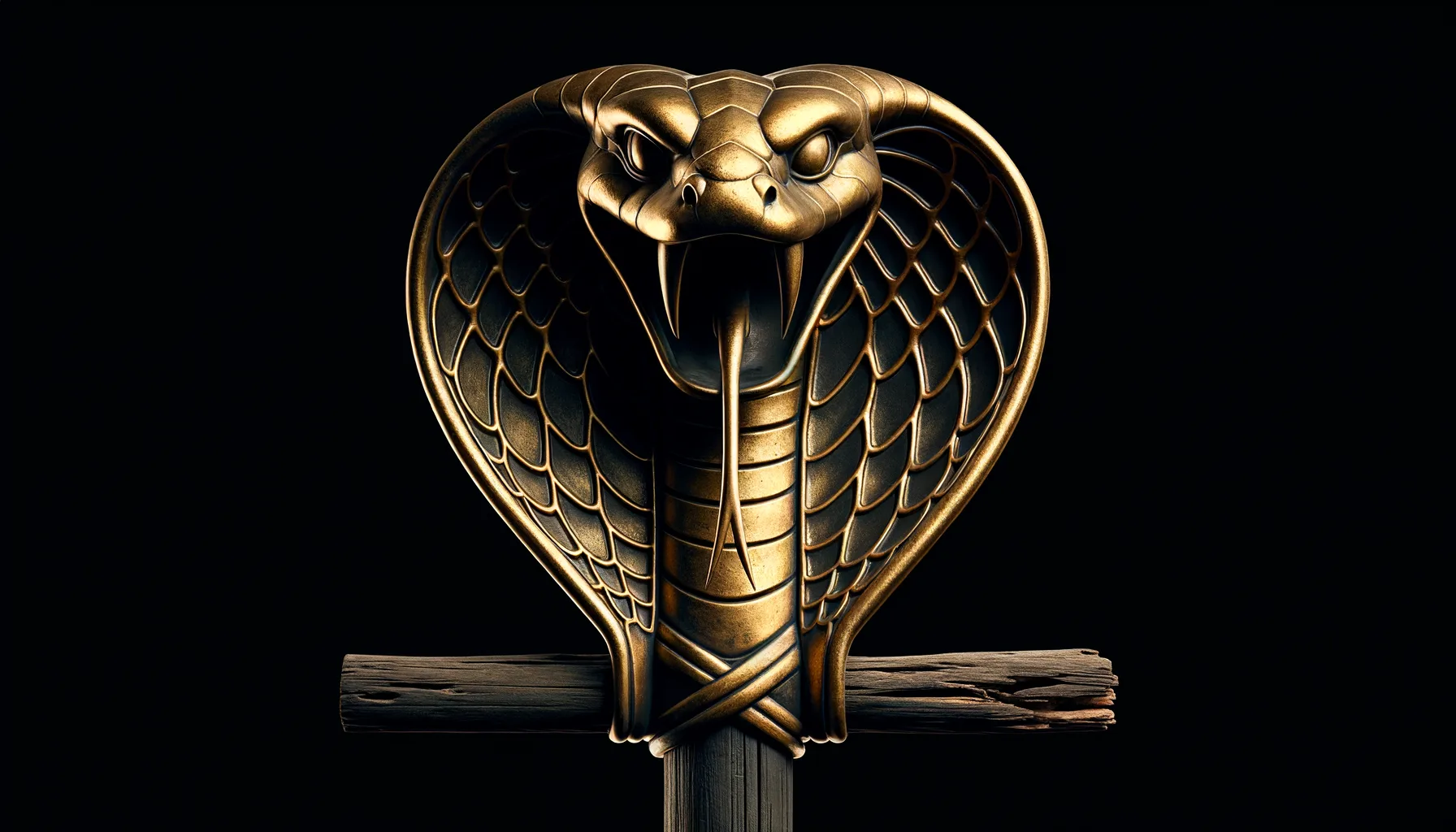 A photorealistic depiction of a brass cobra head mounted on a wooden pole with a crossbar. The cobra's hood is flared with intricate scale patterns, its menacing face looking forward with bared fangs. The background is pitch black, isolating the cobra and pole, representing the fiery serpent created by Moses as a sign of divine healing for the Israelites.
