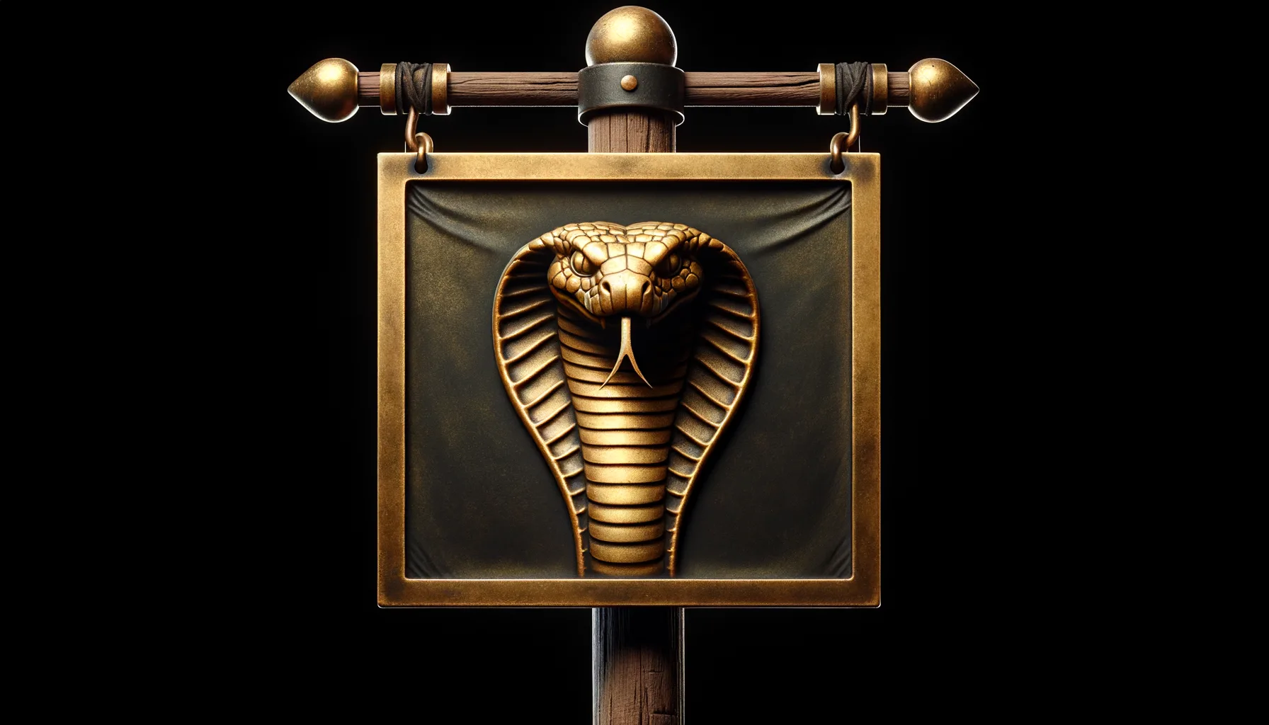A photorealistic depiction of a brass cobra head engraved on a rectangular brass plate, hanging from a wooden crossbar by metal hooks. The cobra's hood is flared, its face menacing. The background is pitch black, isolating the brass plate and pole, representing the fiery serpent created by Moses as instructed by God.