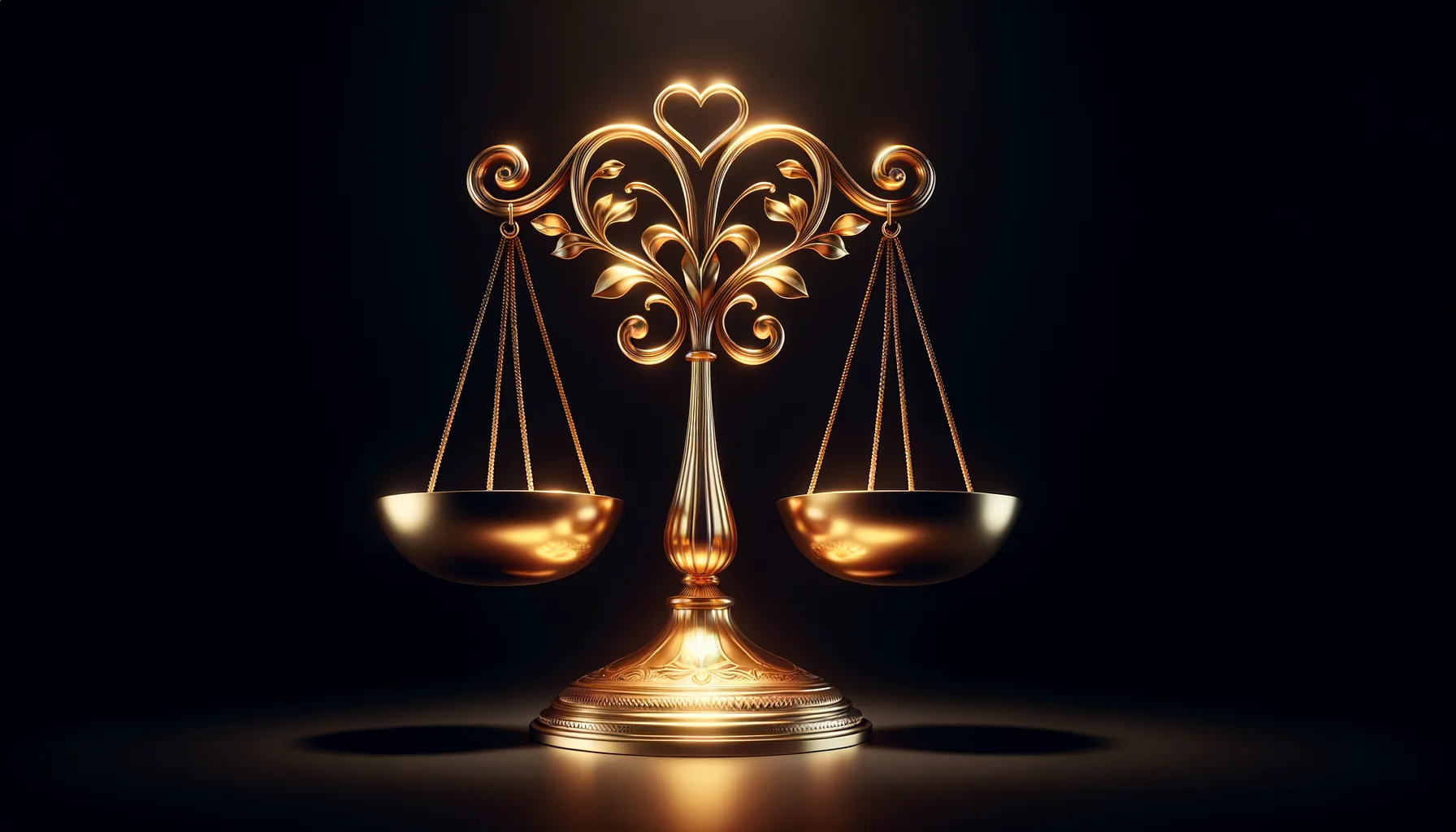 A pair of golden balances set against a pitch-black background, with a symmetrical design and a glowing heart-shaped centerpiece, symbolizing just balances and righteous judgment, where blessings or curses follow obedience or disobedience to God's commandments.