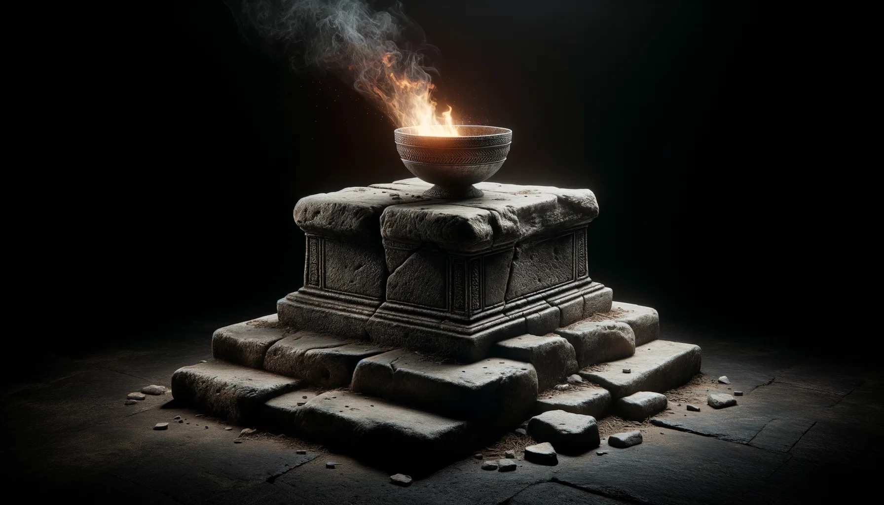 A weathered stone altar set against a pitch-black background, with a bowl of burning incense on top, emitting flames and rising smoke, evoking the imagery of high places where the children of Israel secretly burned incense in defiance of God's command.