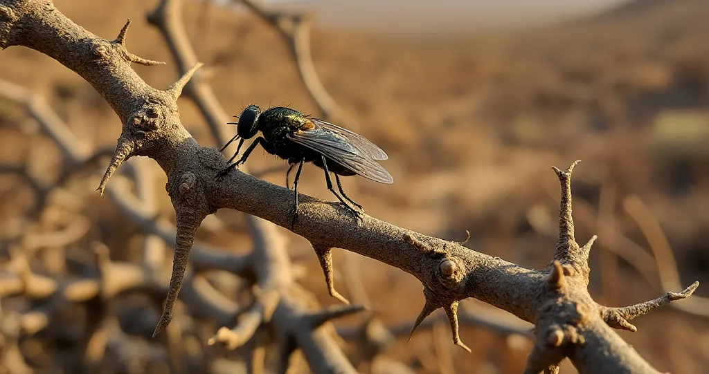 A close-up of a fly perched on a thorny branch in a barren desert landscape, symbolizing the prophetic imagery of Isaiah 7:18-19 KJV, where the LORD summons the fly from Egypt to rest upon thorns and bushes.
