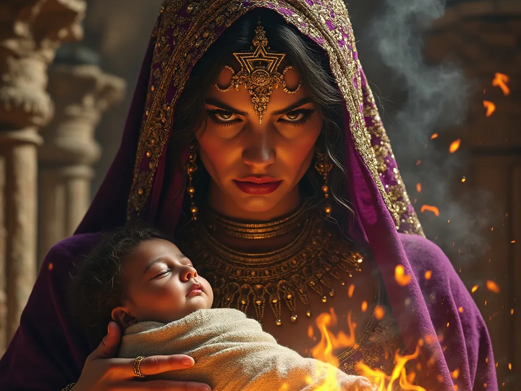 A regal woman in ornate purple and gold attire, holding a sleeping infant, gazes intensely with fire and smoke surrounding her, symbolizing the imagery of the virgin of Israel committing a grievous act.