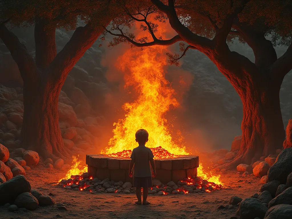 A young child stands alone before a large, intense fire emanating from a stone altar amidst a barren landscape, between two twisted, ancient trees arching overhead, evoking the high places of Baal where children were offered in burnt offerings.