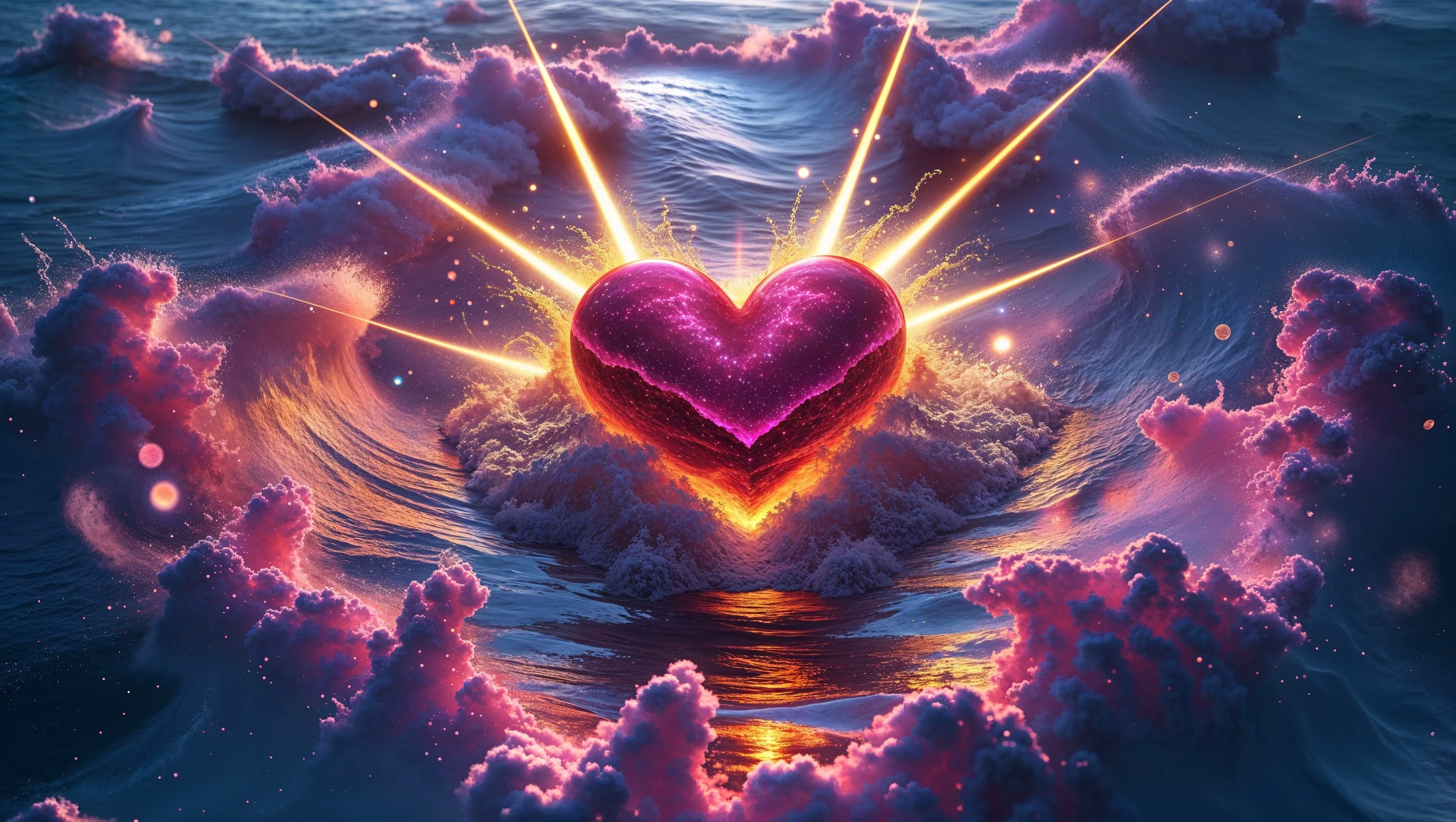 An artistic depiction of Song of Solomon 8:6-7 KJV, "Many waters cannot quench love," showing a luminous, fiery pink heart resting powerfully upon a turbulent sea. Bright beams of light radiate from the heart, which remains unquenched by the crashing waves and swirling pink clouds surrounding it.