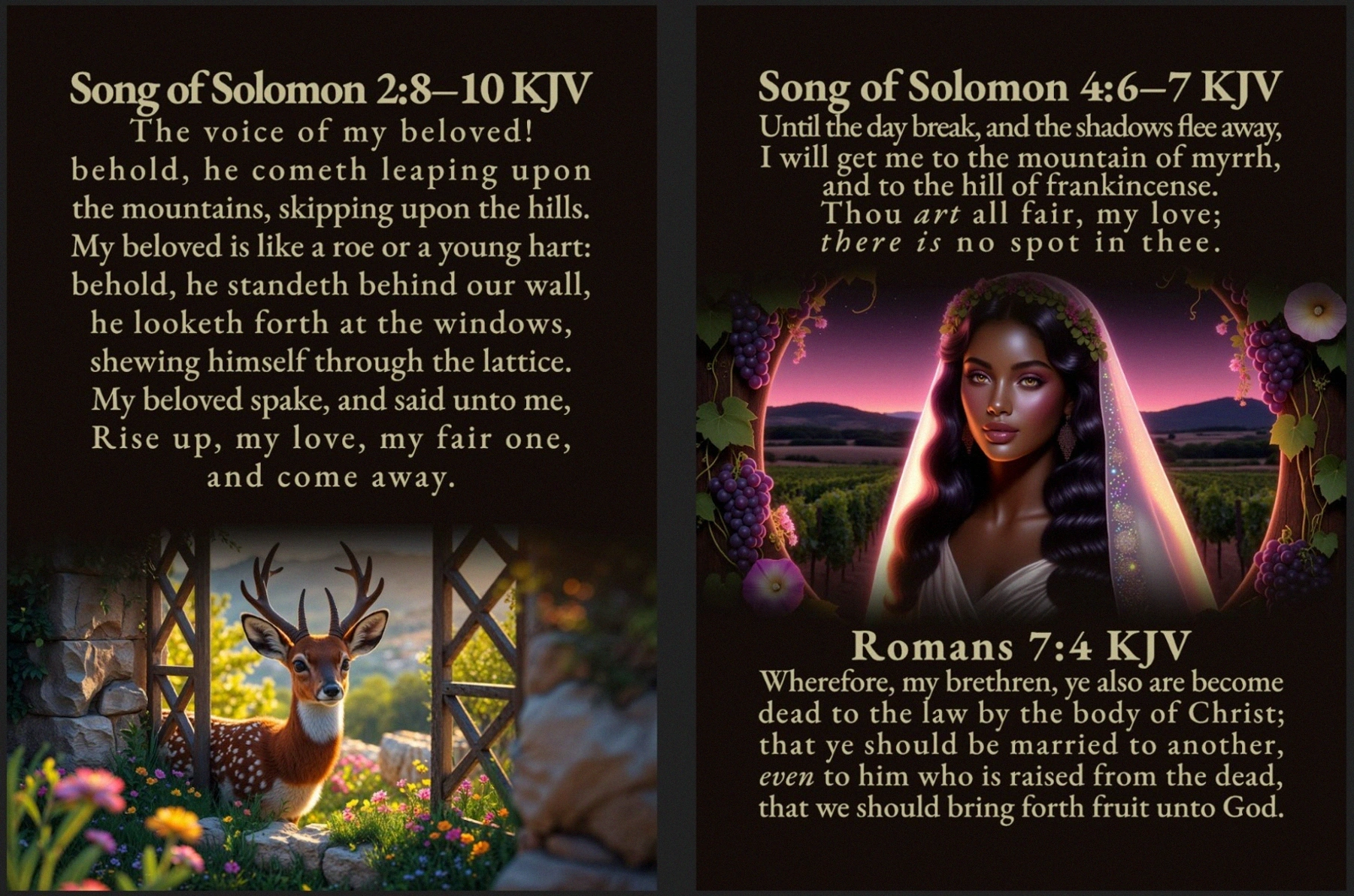Song of Solomon 2:8-10, 4:6-7, and Romans 7:4 KJV Card design, a SynthSaint Premium exclusive.