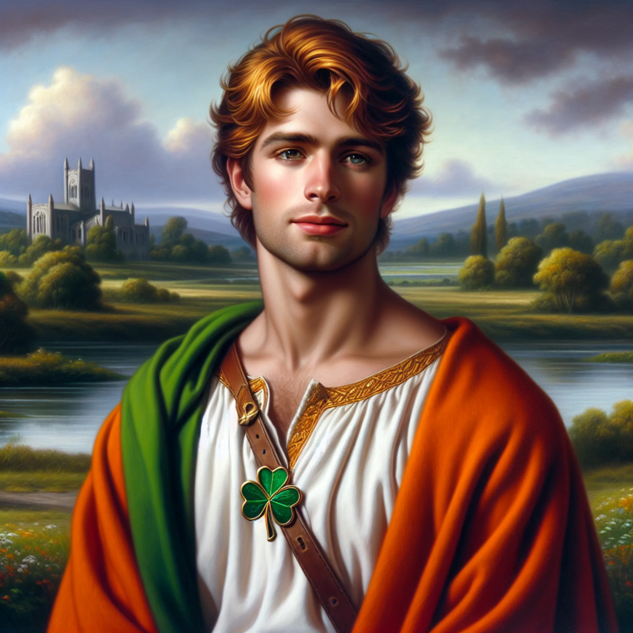 The image presents a romantic and idealized portrait of a man who could be interpreted as a young Saint Patrick, the patron saint of Ireland. He is depicted with a serene expression, gazing into the distance. His features are classical, with a chiseled jaw, a straight nose, and deep, piercing blue eyes. His hair is a rich auburn, with soft waves that fall to his shoulders. He is adorned in a period-appropriate white tunic with ornate golden embroidery along the neckline. Draped over his shoulders is a cloak with a dual color scheme: a rich emerald green on the inside, symbolizing Ireland's verdant landscape, and a bold orange on the outside. A brown leather strap crosses his torso, holding his cloak in place and featuring a brooch that is a three-leaf shamrock clover, a symbol used to explain the Holy Trinity. The bucolic backdrop includes a river, lush greenery, and a distant cathedral with gothic spires, bathed in soft light.