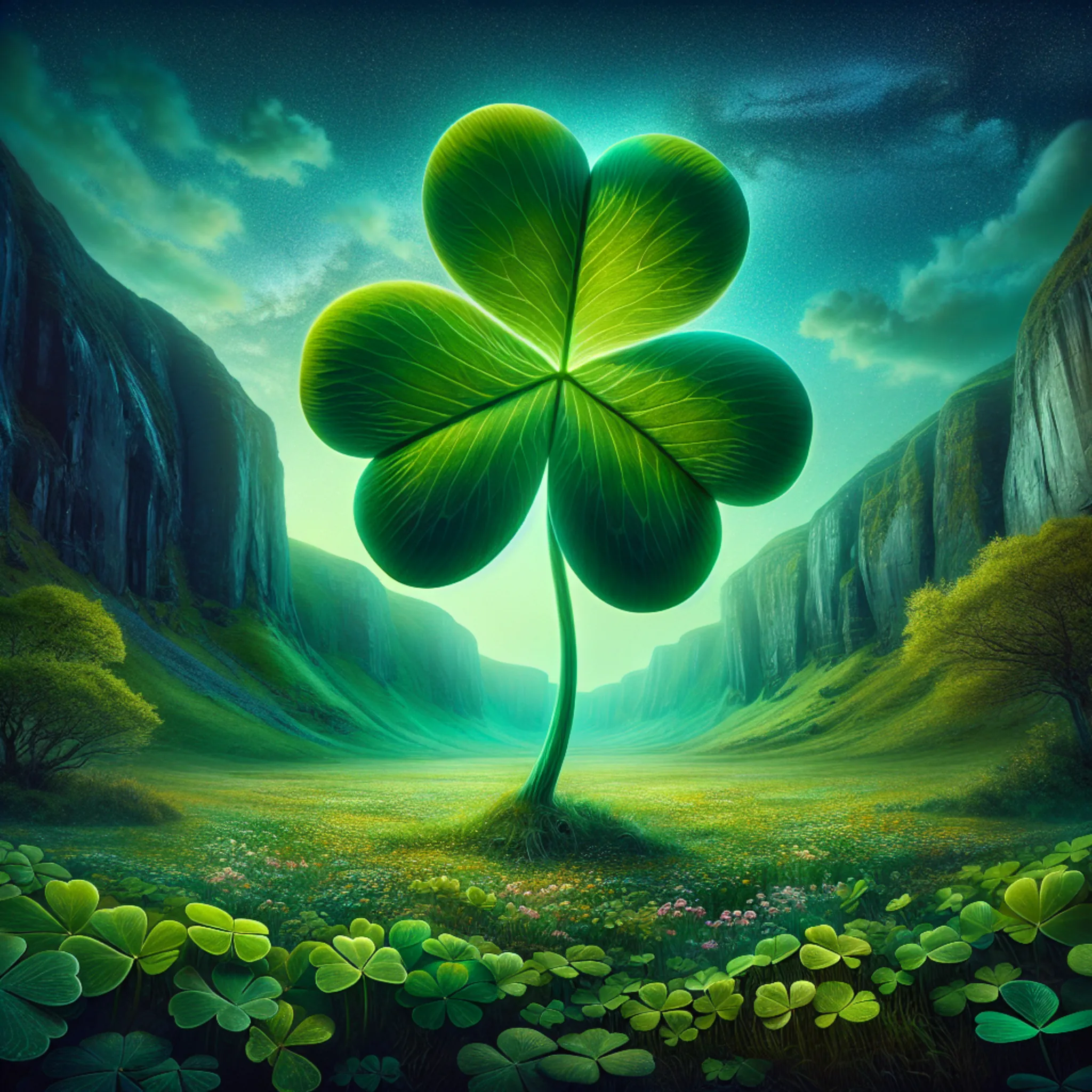 A fantastical landscape dominated by a gigantic three-leafed shamrock at the center, each leaf oversized and radiating a lush, luminescent green with prominent veining. Smaller shamrocks and flowers blanket the ground below. The setting is a verdant valley flanked by steep, grayish-blue cliffs with greenery clinging to their edges. The sky above is a twilight canvas, with stars beginning to emerge among hues of blue and subtle green, giving the scene an enchanted, otherworldly glow.