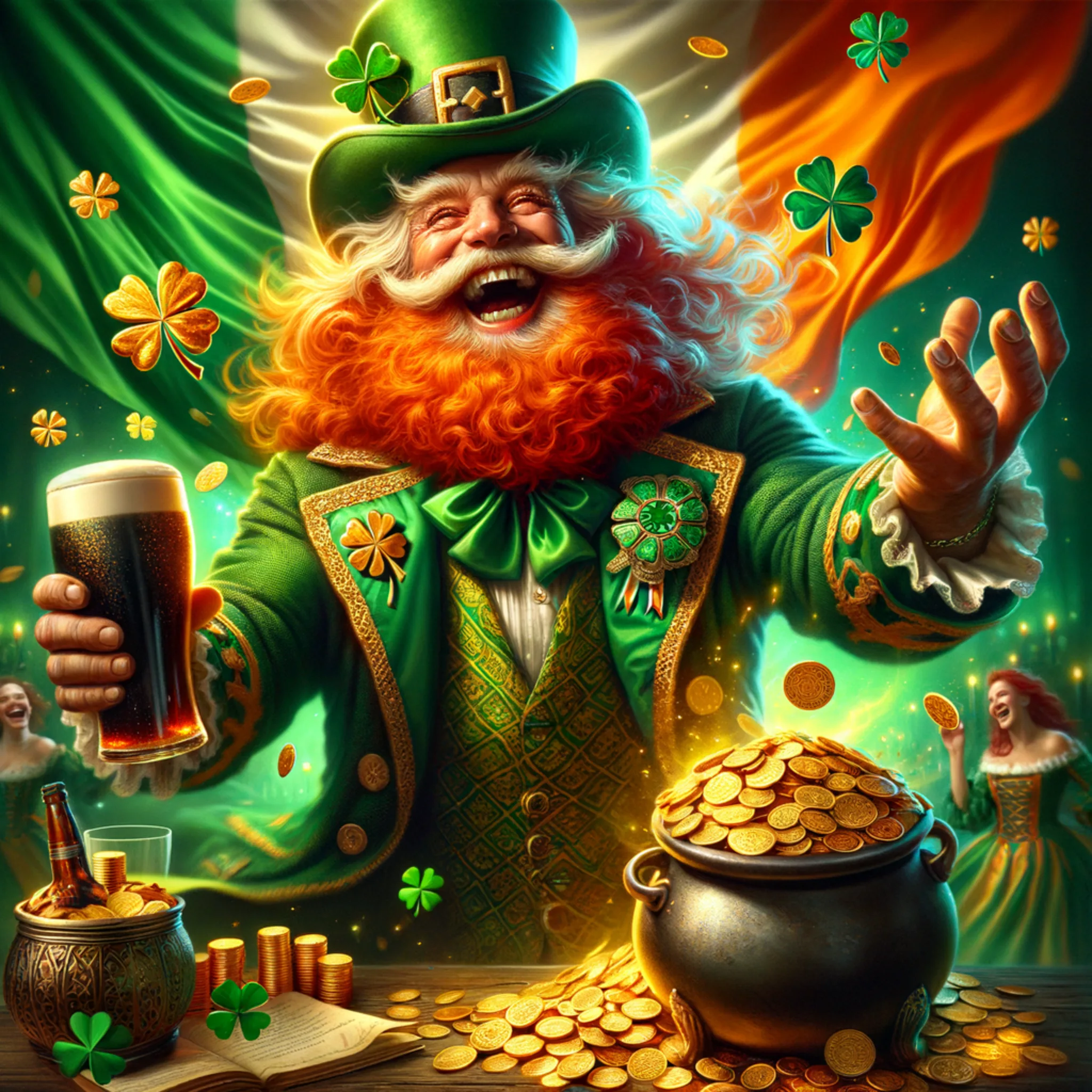 A jubilant leprechaun, the archetypal Irish fairy, depicted as an elderly man with a bushy bright orange beard, laughing heartily. He wears a traditional green suit decorated with golden clover and Celtic knot motifs and a green top hat with a golden buckle, holding a pint of dark stout beer. Behind him is a background of green drapery and swirling golden light, with floating golden coins and four-leaf clovers in the air. A pot overflowing with gold coins sits in the foreground beside an open book and quill, and a woman with flowing red hair dances in a blur of movement to the right.