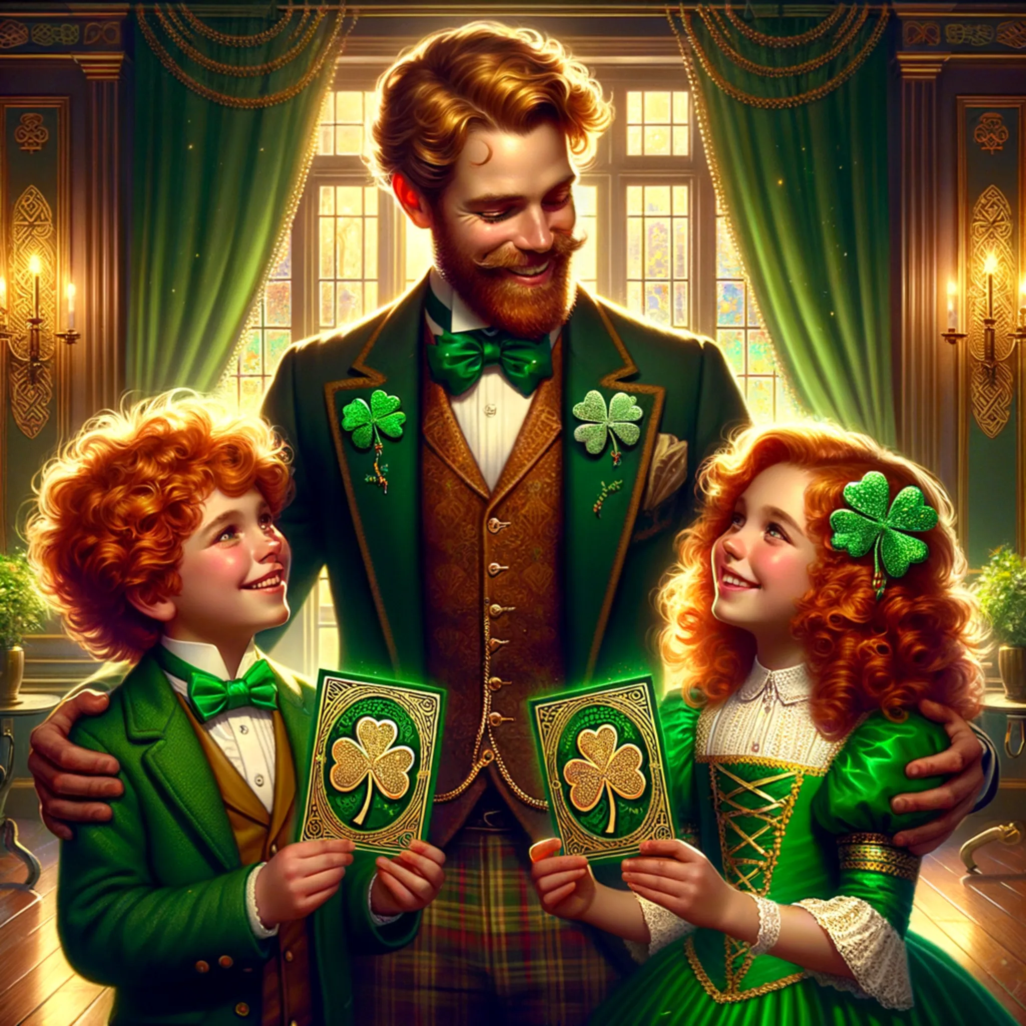 Three characters in a richly detailed, warm indoor Victorian-style setting. The central figure is a bearded man in a dark green suit jacket, patterned green vest, and bright green bow tie, with a shamrock pin on his lapel. To his right, a young girl with curly red hair and a green headband holds a large playing card featuring a shamrock, gazing up at the man with affection. On his other side, a young boy in a matching green suit and bow tie also holds a large shamrock playing card. The room is ornate with wood paneling, patterned wallpaper, heavy drapery, and stained glass windows letting in golden light.