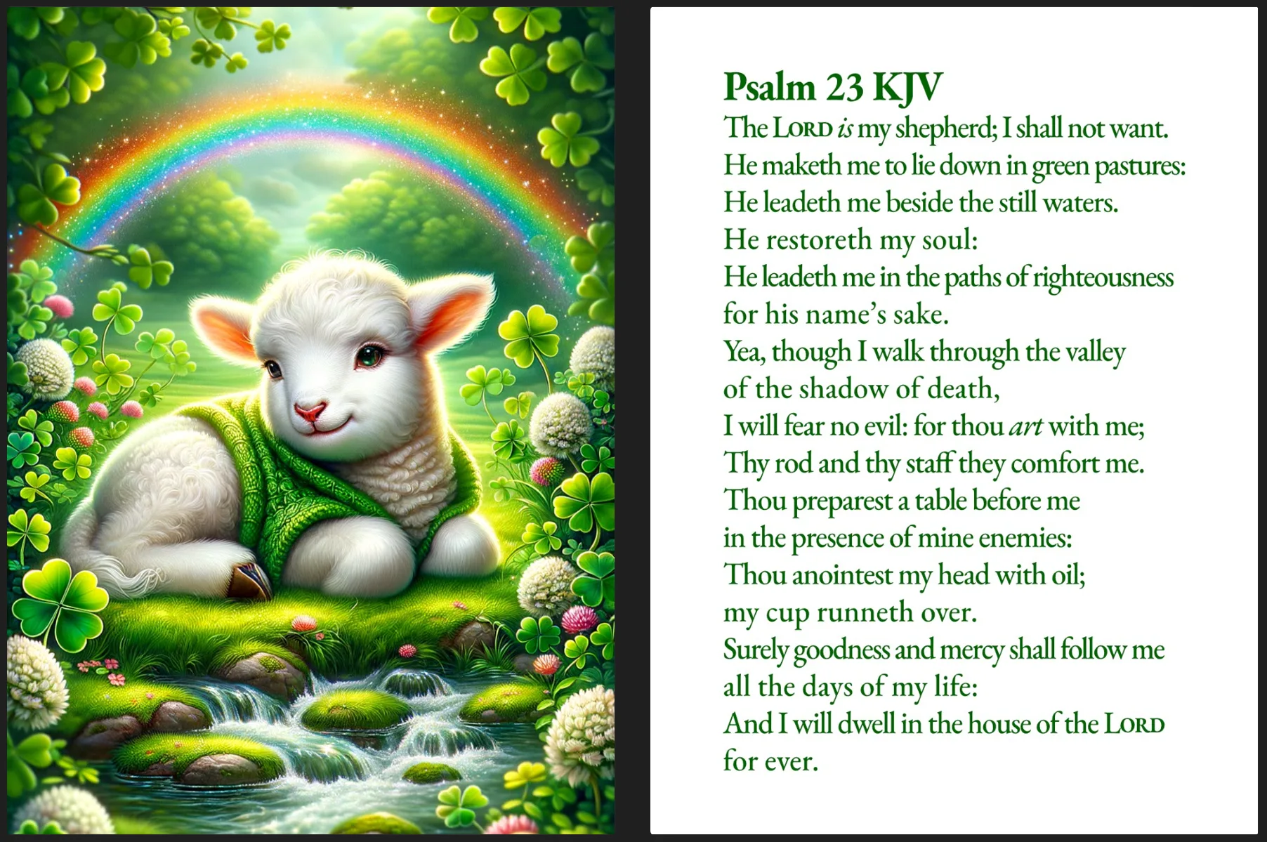 A serene illustration of a white lamb wearing a green knitted sweater, resting peacefully in a lush meadow filled with vibrant clovers and blooming flowers. A sparkling rainbow arcs across the sky, and a gentle stream flows nearby. Beside the image, Psalm 23 KJV is elegantly displayed in green text, evoking tranquility, spiritual guidance, and divine care.