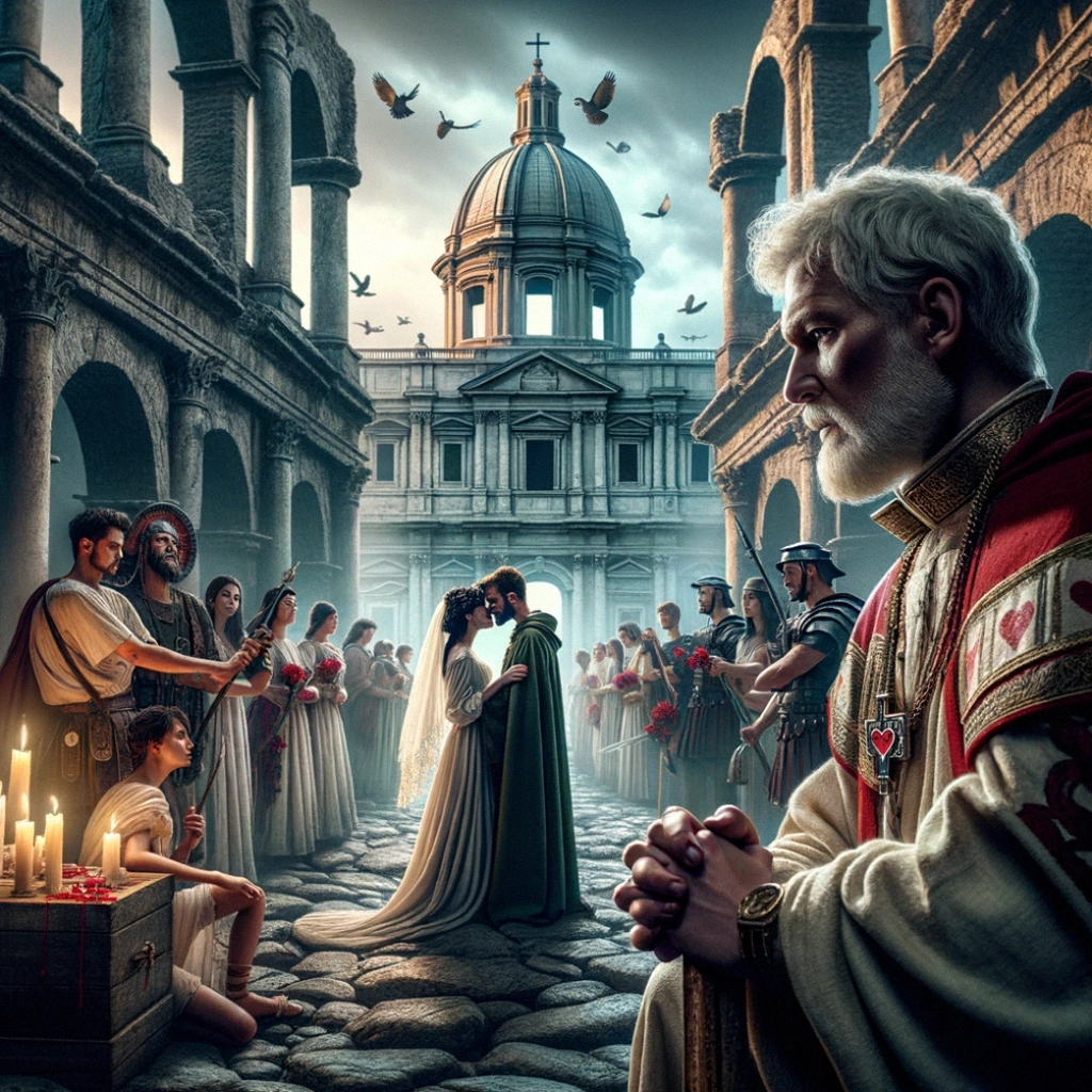 Saint Valentine performing a marriage ceremony for a Roman soldier, and his bride.