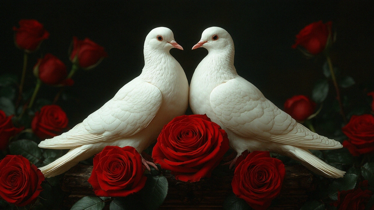 Two white doves facing each other, surrounded by vibrant red roses against a dark background. The doves appear serene and affectionate, symbolizing love and peace, with the deep red of the roses contrasting beautifully against the pure white of the doves.