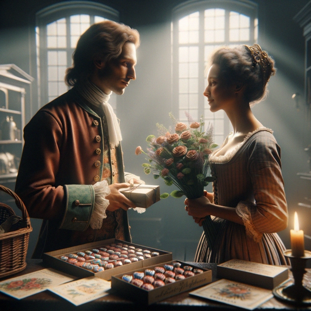 A 17th and 18th century couple exchanging Valentine's Day gifts and confectionaries.