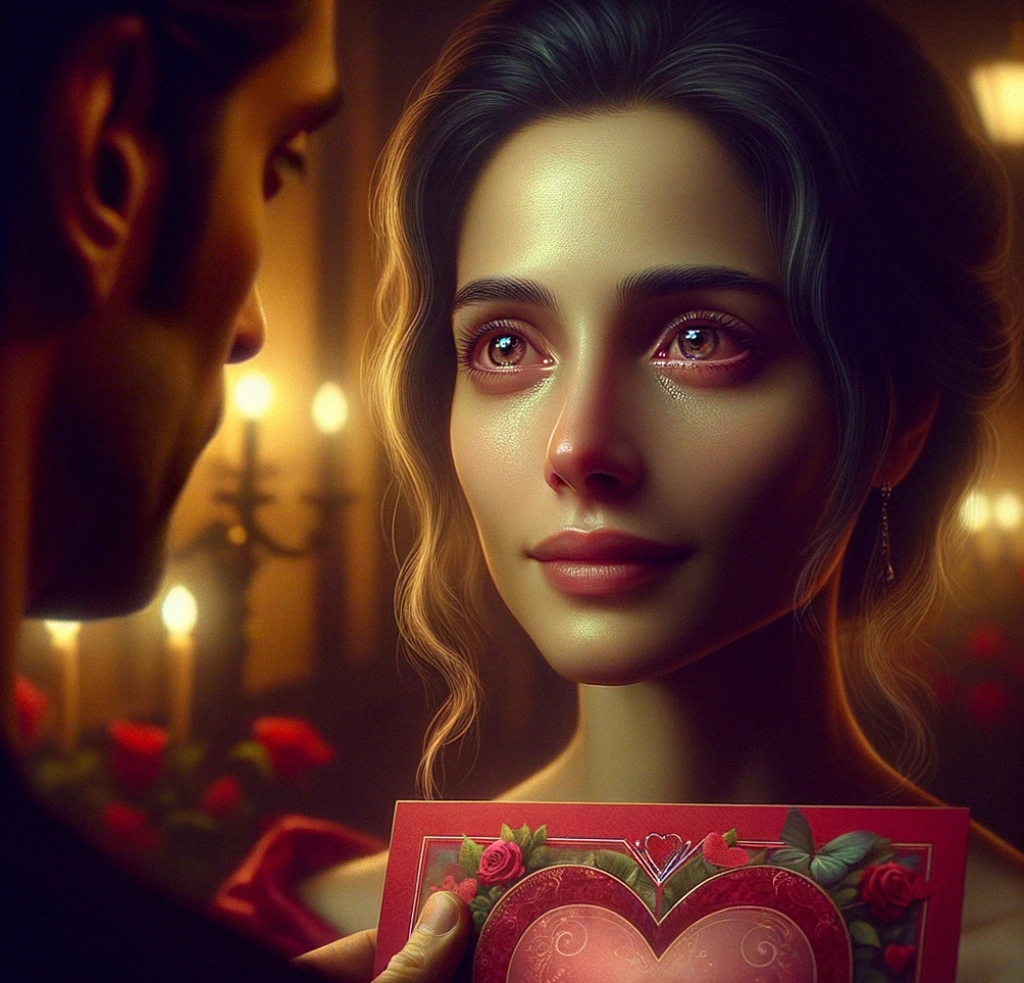 A man giving a loving and thoughtful Valentine's Day card to a woman who is deeply touched by his gift.